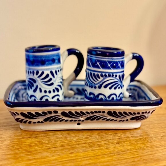 Mexican Talavera Pottery Blue Tray and Two Tequila Glasses - Handmade - Picture 1 of 10